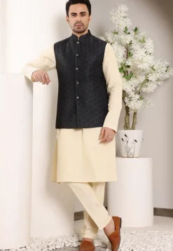 Embroidered Cotton Kurta Set in Light Beige and Black