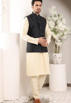Embroidered Cotton Kurta Set in Light Beige and Black