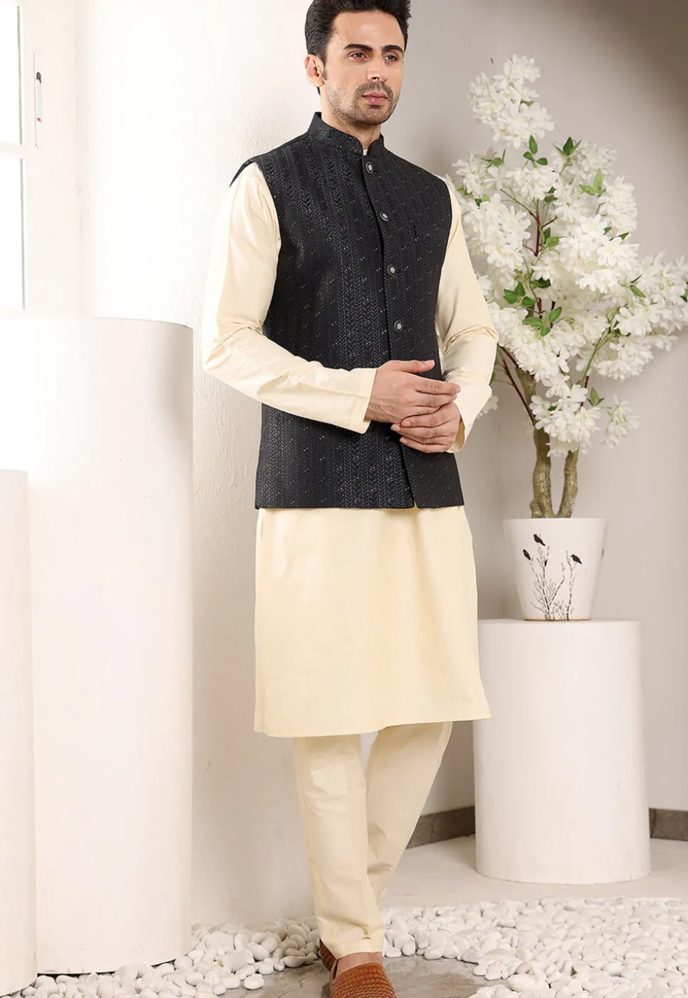 Embroidered Cotton Kurta Set in Light Beige and Black