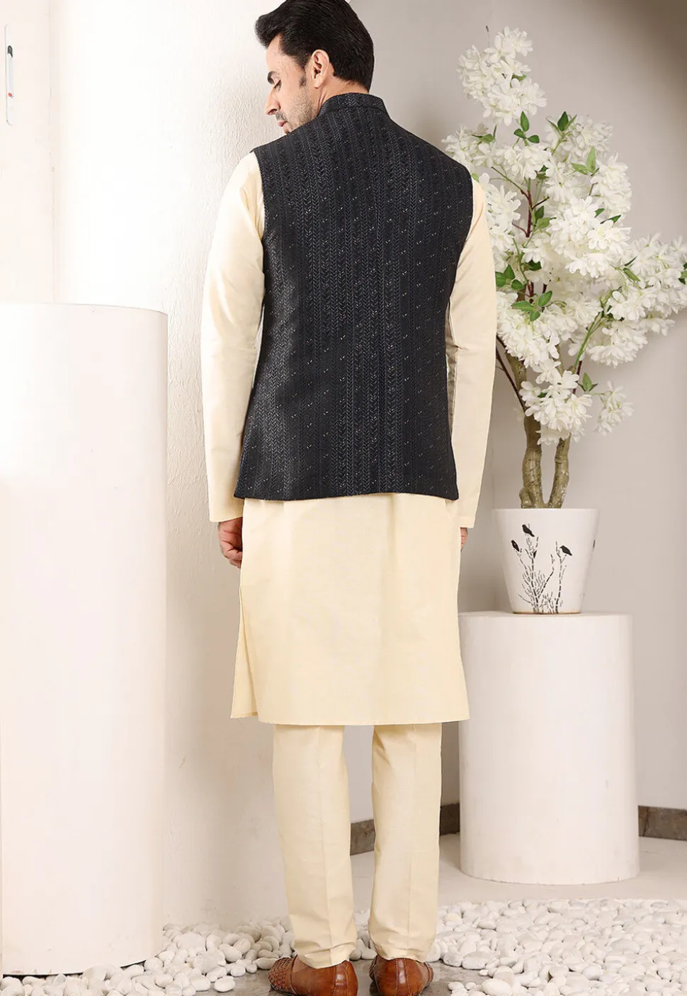 Embroidered Cotton Kurta Set in Light Beige and Black