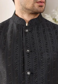 Embroidered Cotton Kurta Set in Light Beige and Black
