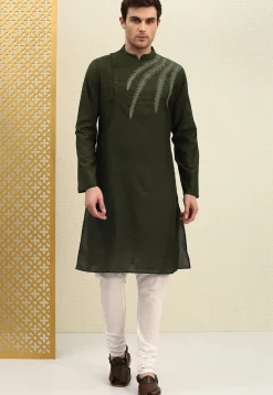 Embroidered Cotton Kurta Set in Dark Olive Green