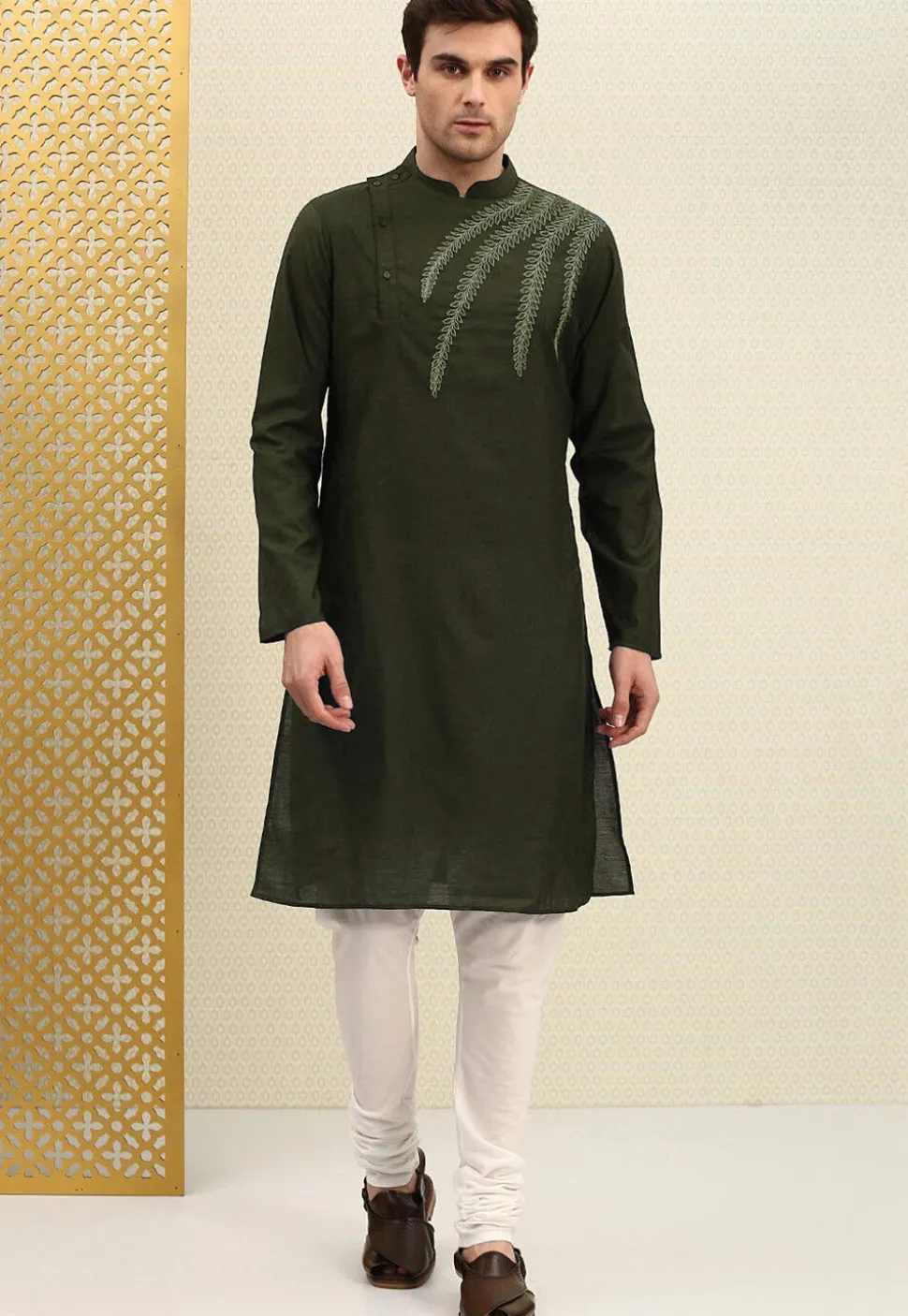 Embroidered Cotton Kurta Set in Dark Olive Green