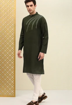 Embroidered Cotton Kurta Set in Dark Olive Green