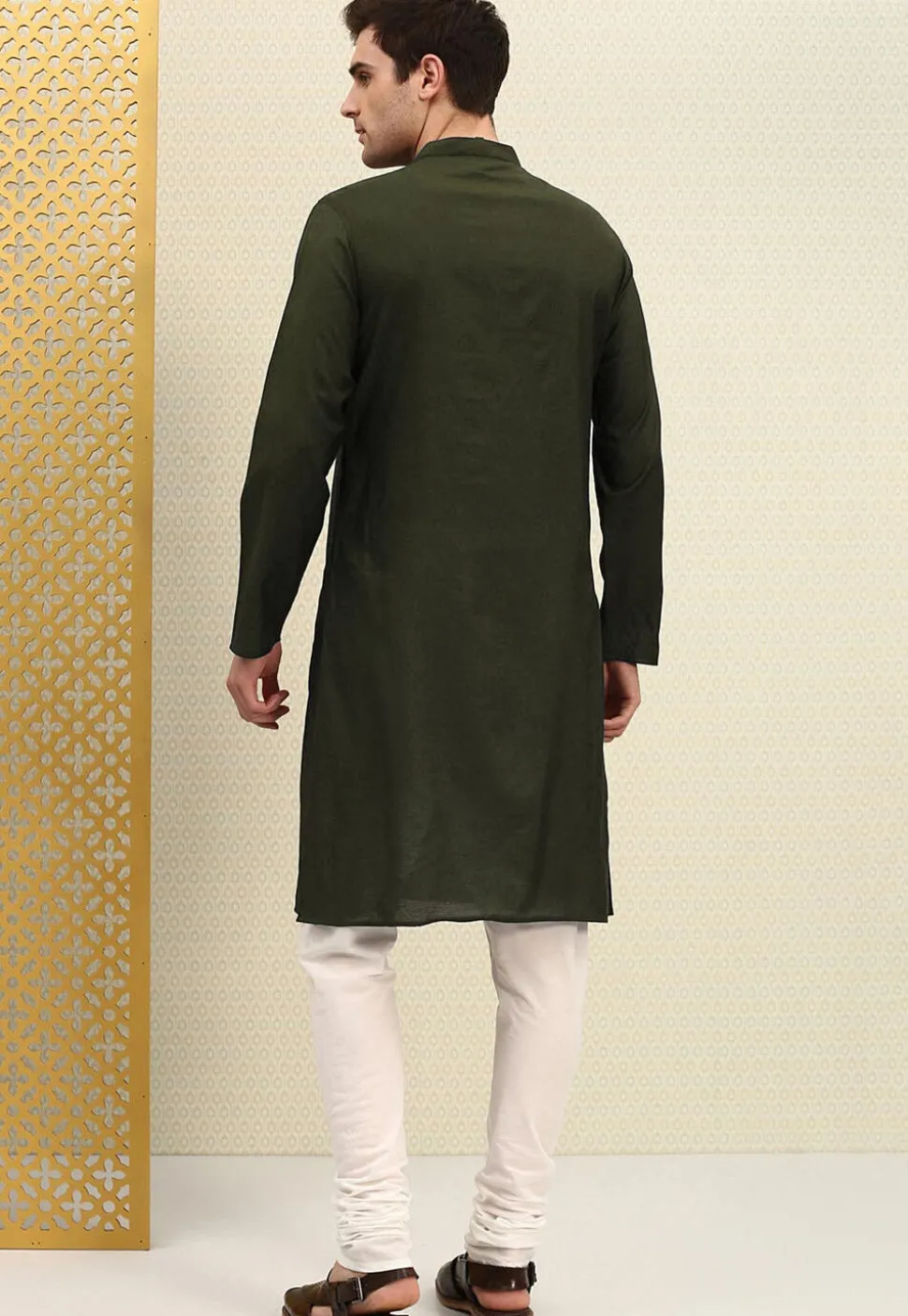 Embroidered Cotton Kurta Set in Dark Olive Green