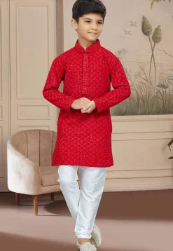 Embroidered Cotton Kurta Set in Maroon