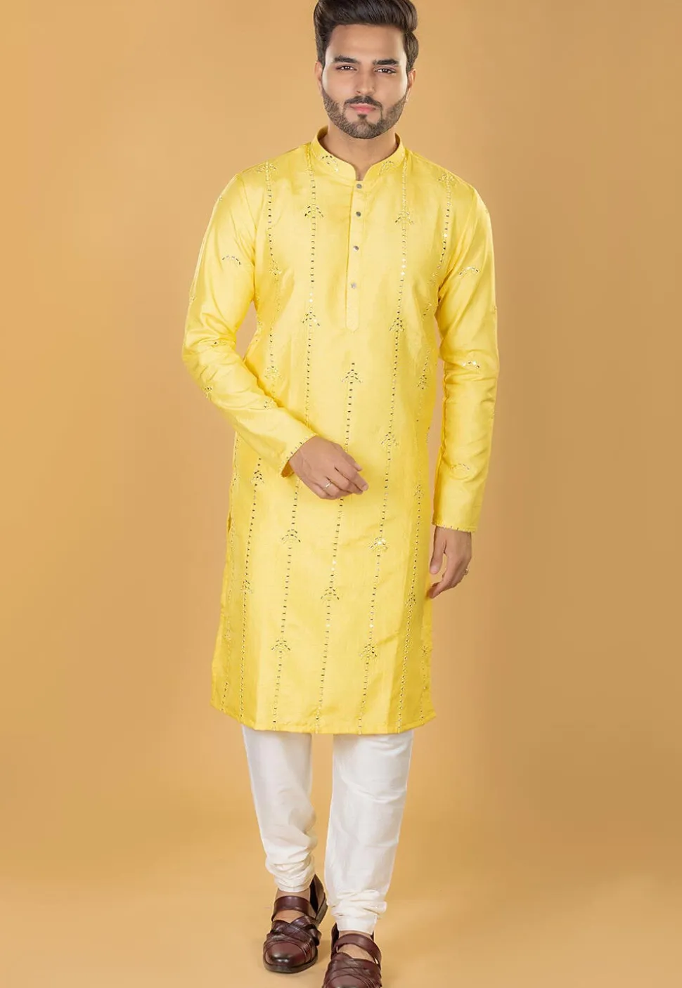 Embroidered Cotton Kurta Set in Yellow