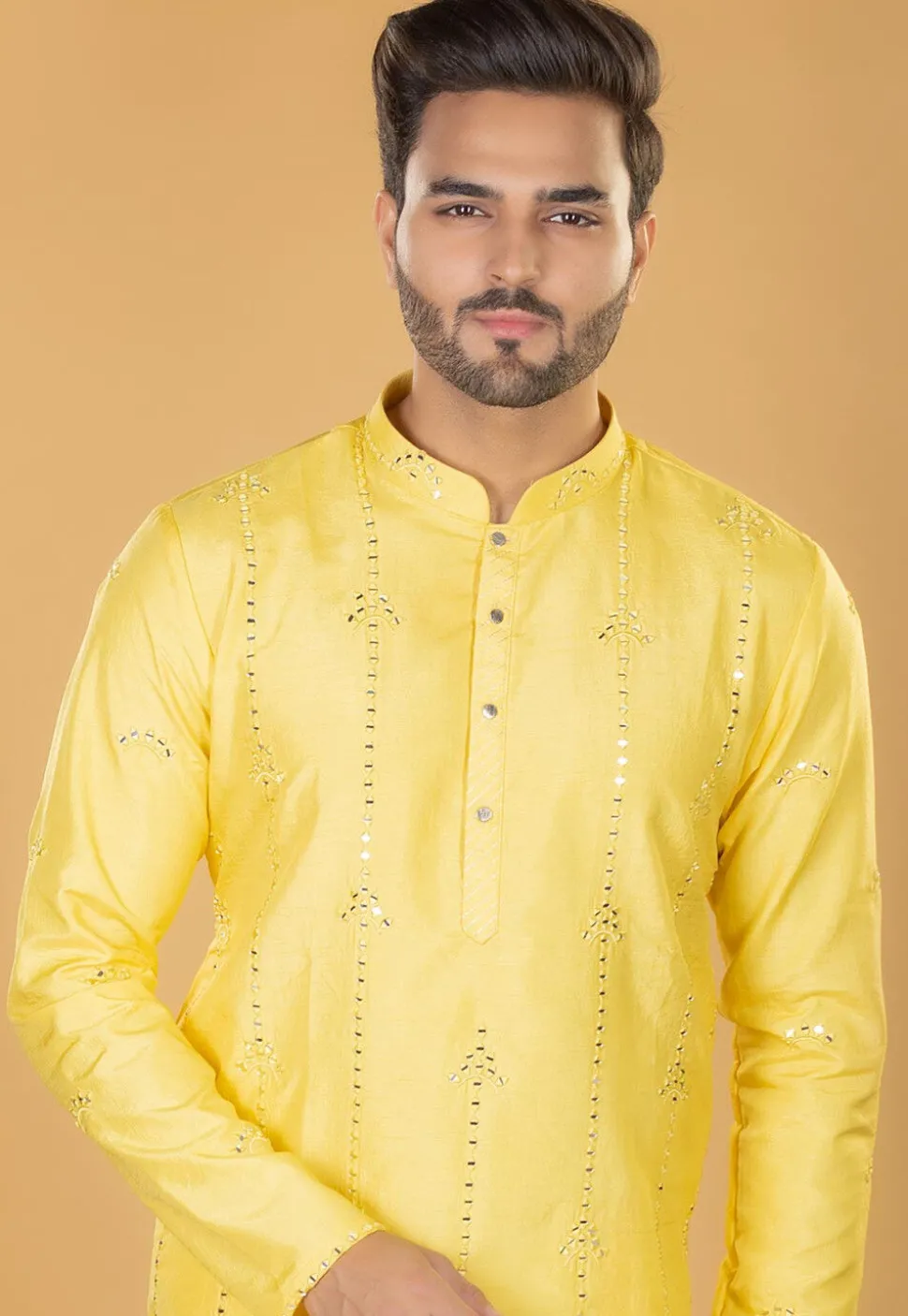 Embroidered Cotton Kurta Set in Yellow