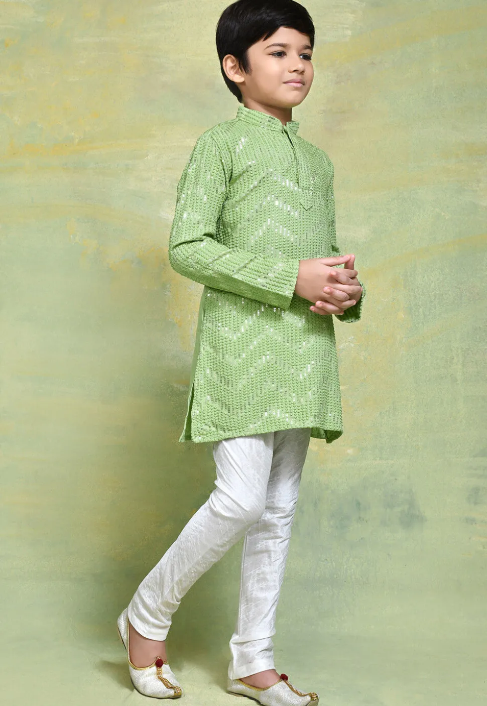Embroidered Cotton Kurta Set in Pastel Green