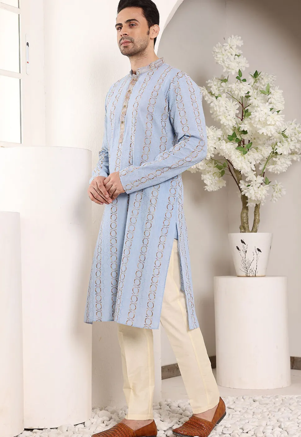 Embroidered Cotton Kurta Set in Sky Blue