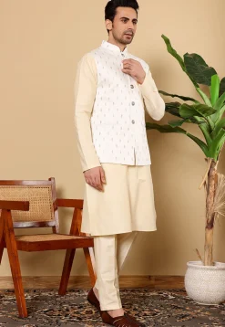 Embroidered Cotton Kurta Set in Light Beige and White