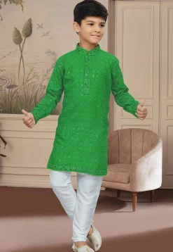 Embroidered Cotton Kurta Set in Olive Green