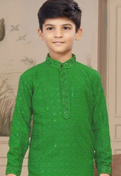 Embroidered Cotton Kurta Set in Olive Green