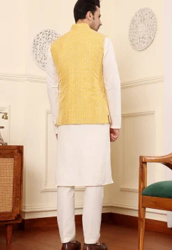 Embroidered Cotton Kurta Set in Off White and Yellow