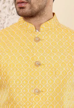 Embroidered Cotton Kurta Set in Off White and Yellow