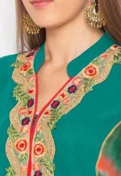Embroidered Cotton Kurta Set in Teal Green