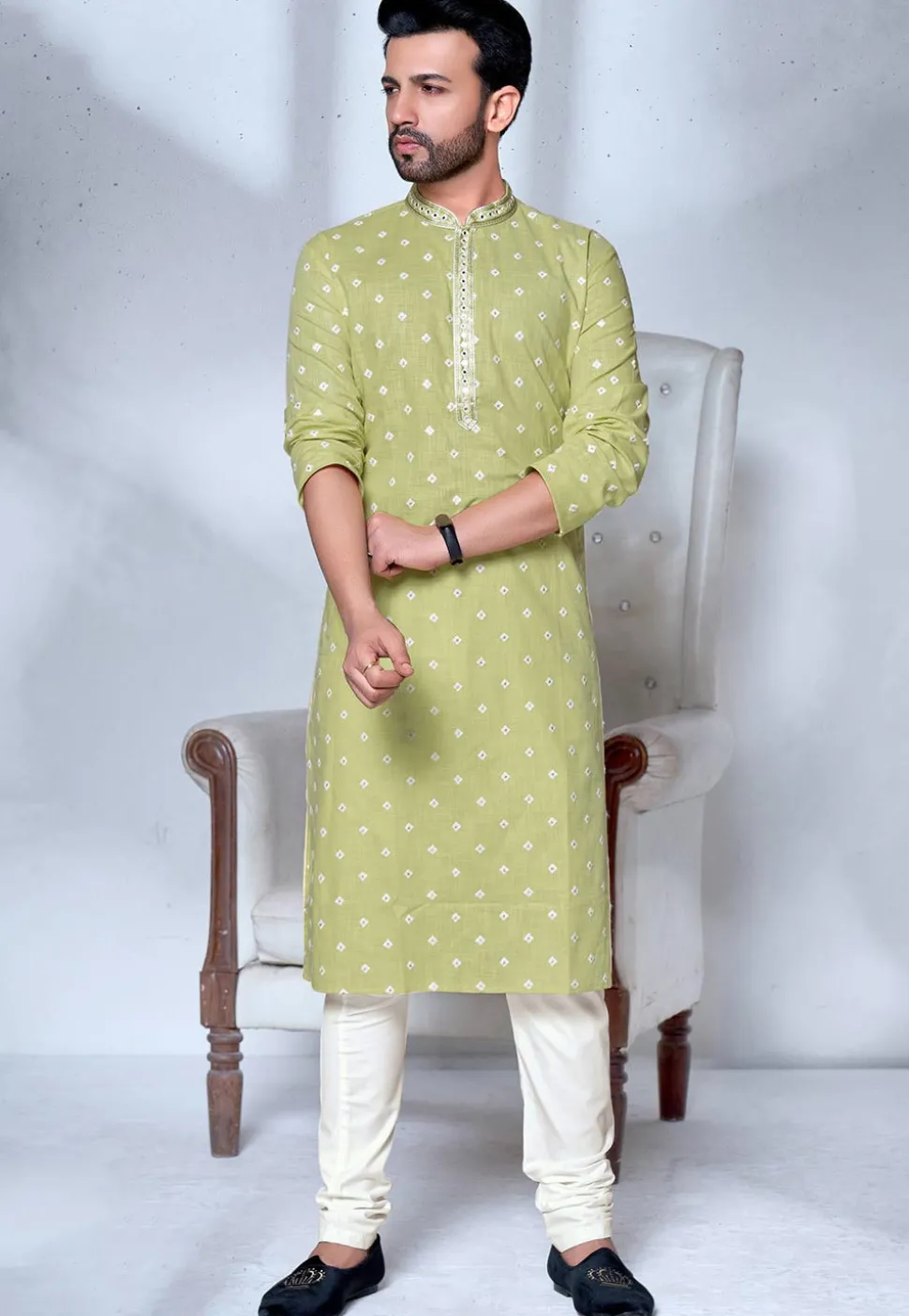 Embroidered Cotton Kurta Set in Light Green