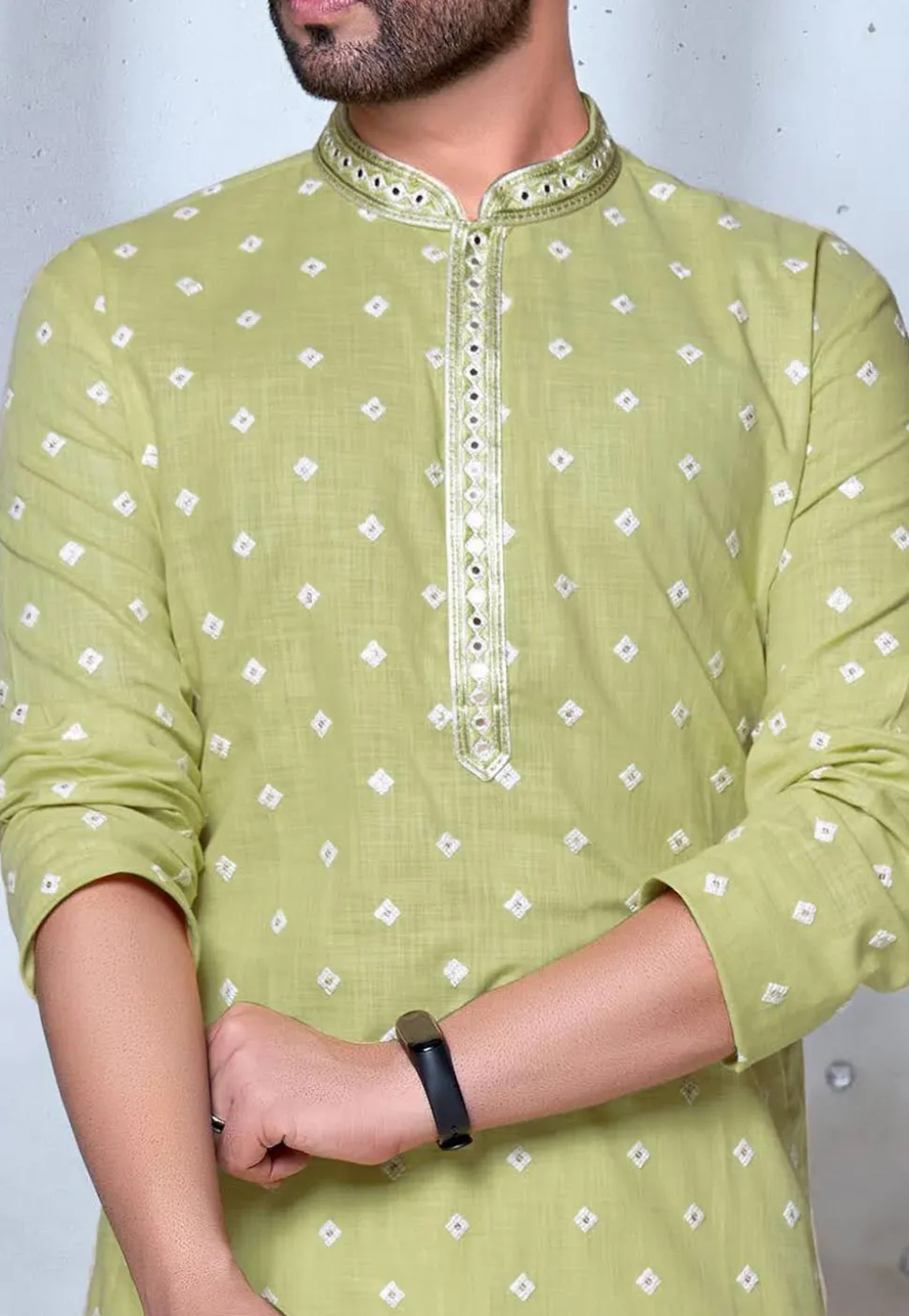 Embroidered Cotton Kurta Set in Light Green