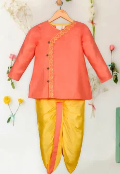 Embroidered Cotton Kurta Set in Peach