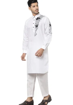 Embroidered Cotton Kurta Set in White