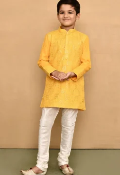 Embroidered Cotton Kurta Set in Yellow