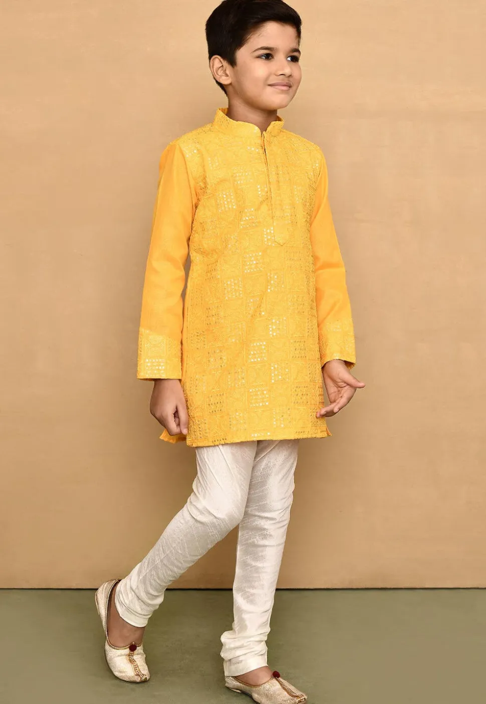 Embroidered Cotton Kurta Set in Yellow