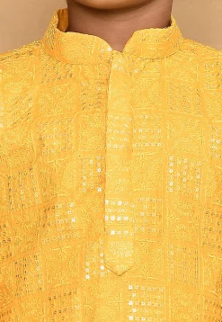 Embroidered Cotton Kurta Set in Yellow