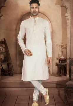 Embroidered Cotton Kurta Pajama in Cream