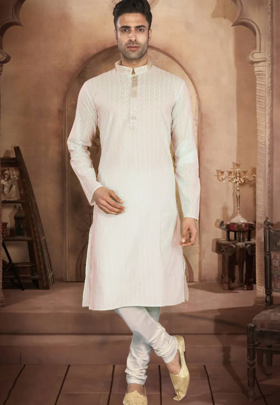Embroidered Cotton Kurta Pajama in Cream