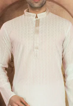 Embroidered Cotton Kurta Pajama in Cream