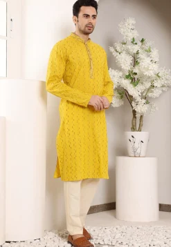 Embroidered Cotton Kurta in Yellow