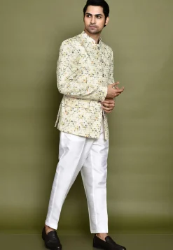 Embroidered Cotton Kurta Set in Off White