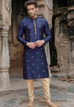 Embroidered Cotton Kurta Set in Navy Blue