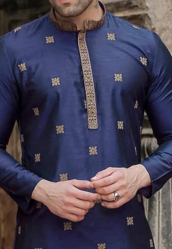 Embroidered Cotton Kurta Set in Navy Blue