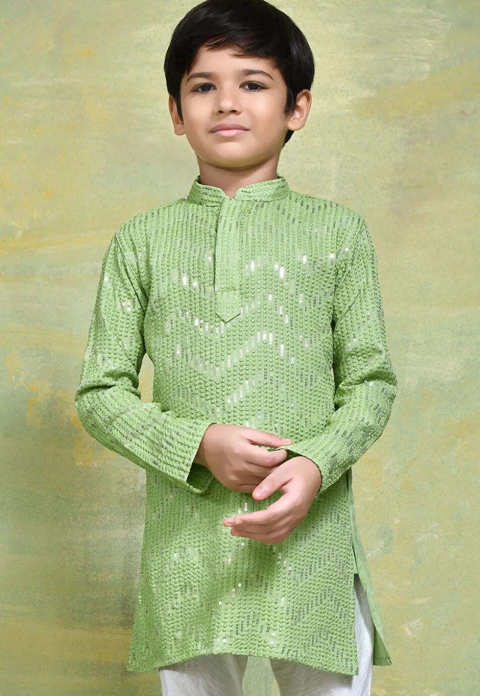 Embroidered Cotton Kurta in Light Green