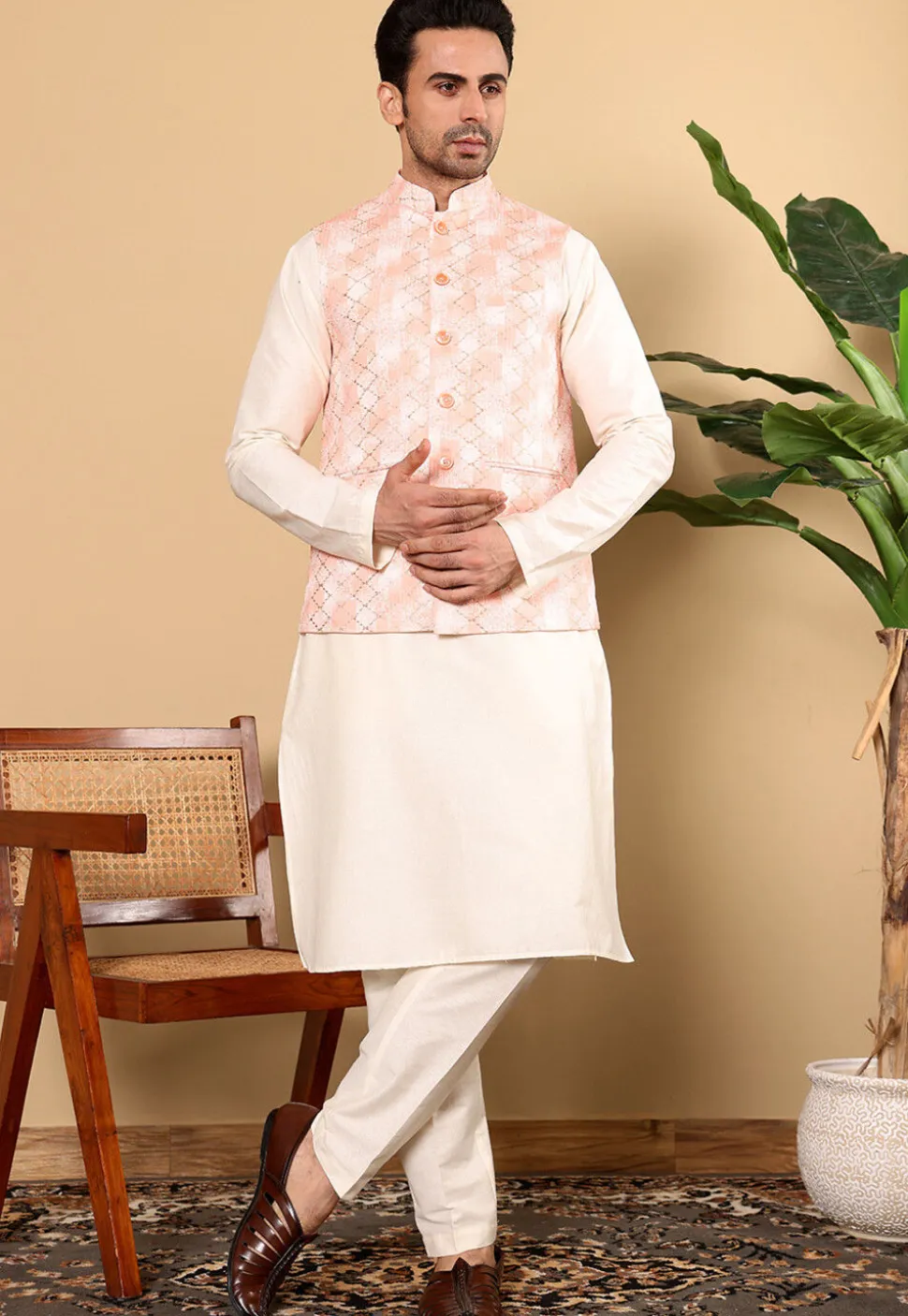 Embroidered Cotton Kurta Set in Off White and Peach