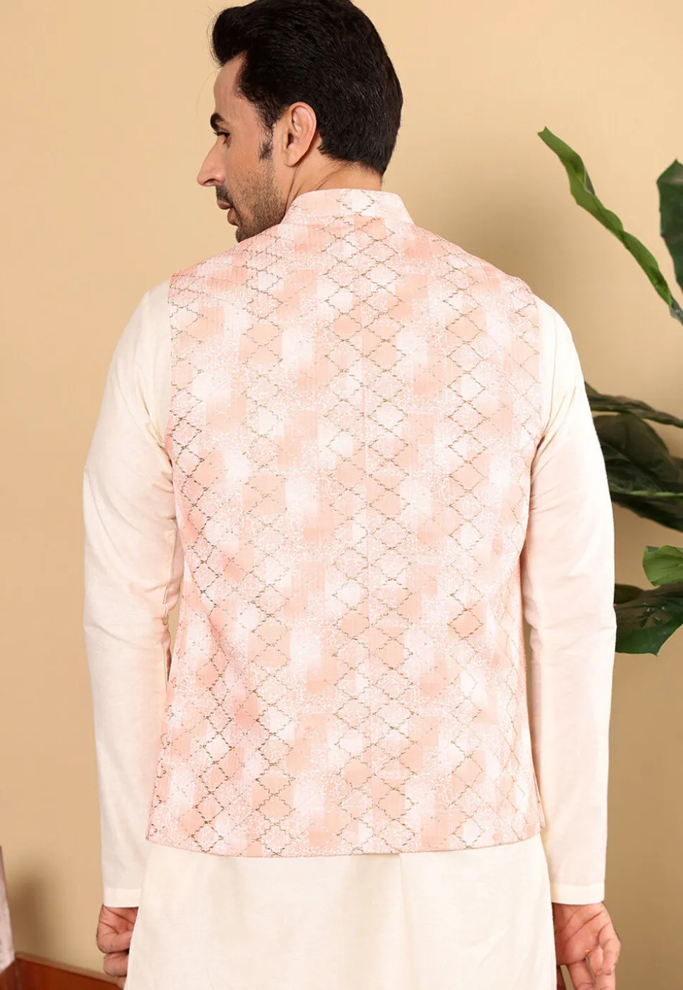 Embroidered Cotton Kurta Set in Off White and Peach