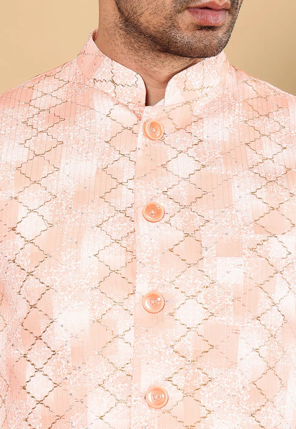Embroidered Cotton Kurta Set in Off White and Peach