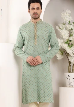 Embroidered Cotton Kurta in Dusty Green