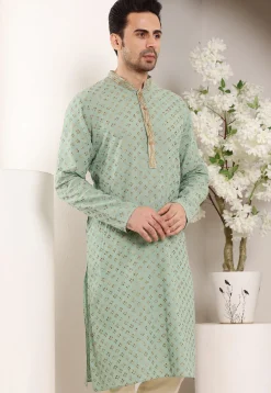 Embroidered Cotton Kurta in Dusty Green