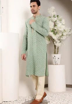 Embroidered Cotton Kurta in Dusty Green