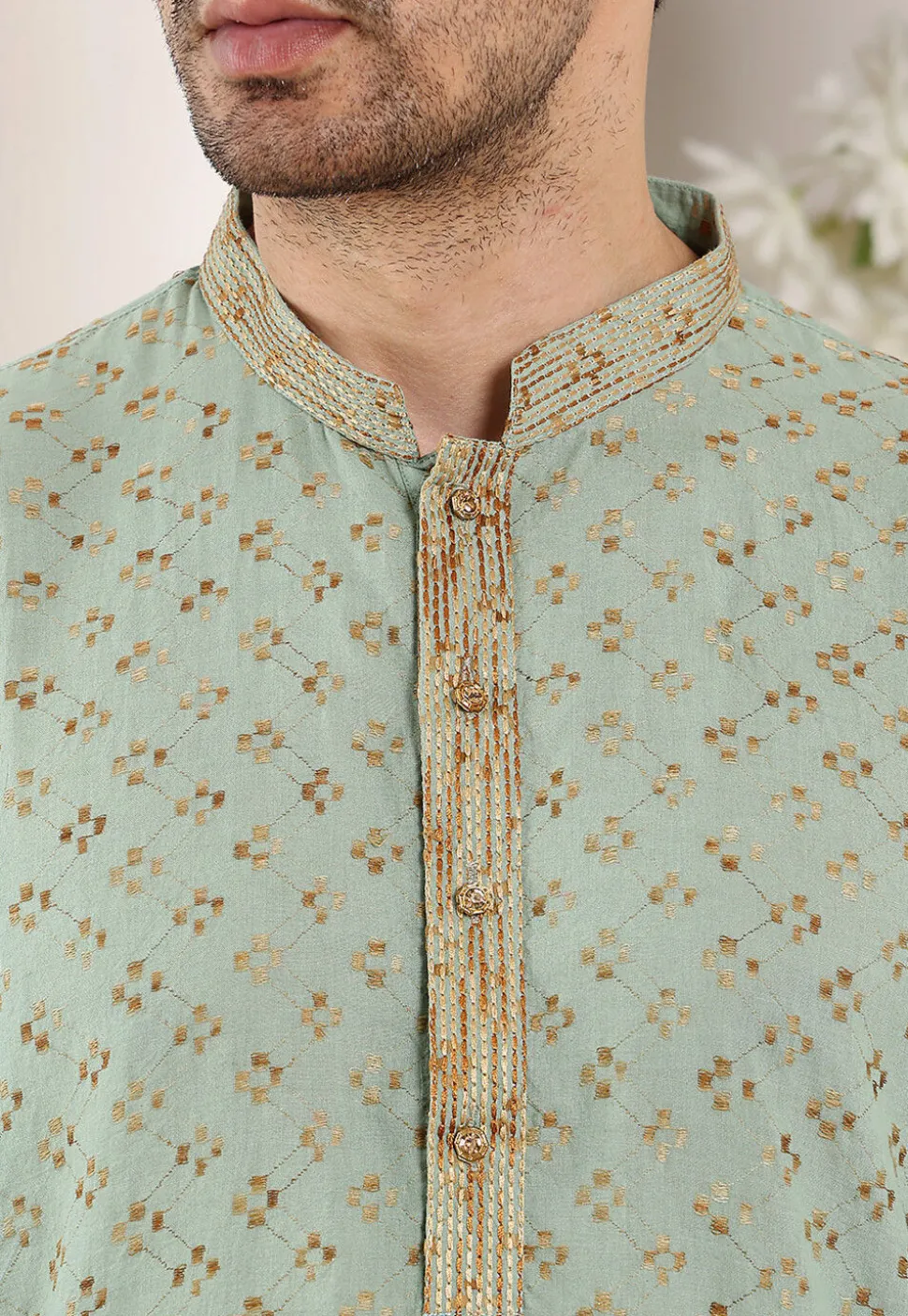 Embroidered Cotton Kurta in Dusty Green