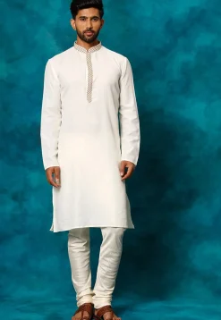 Embroidered Cotton Kurta Set in White