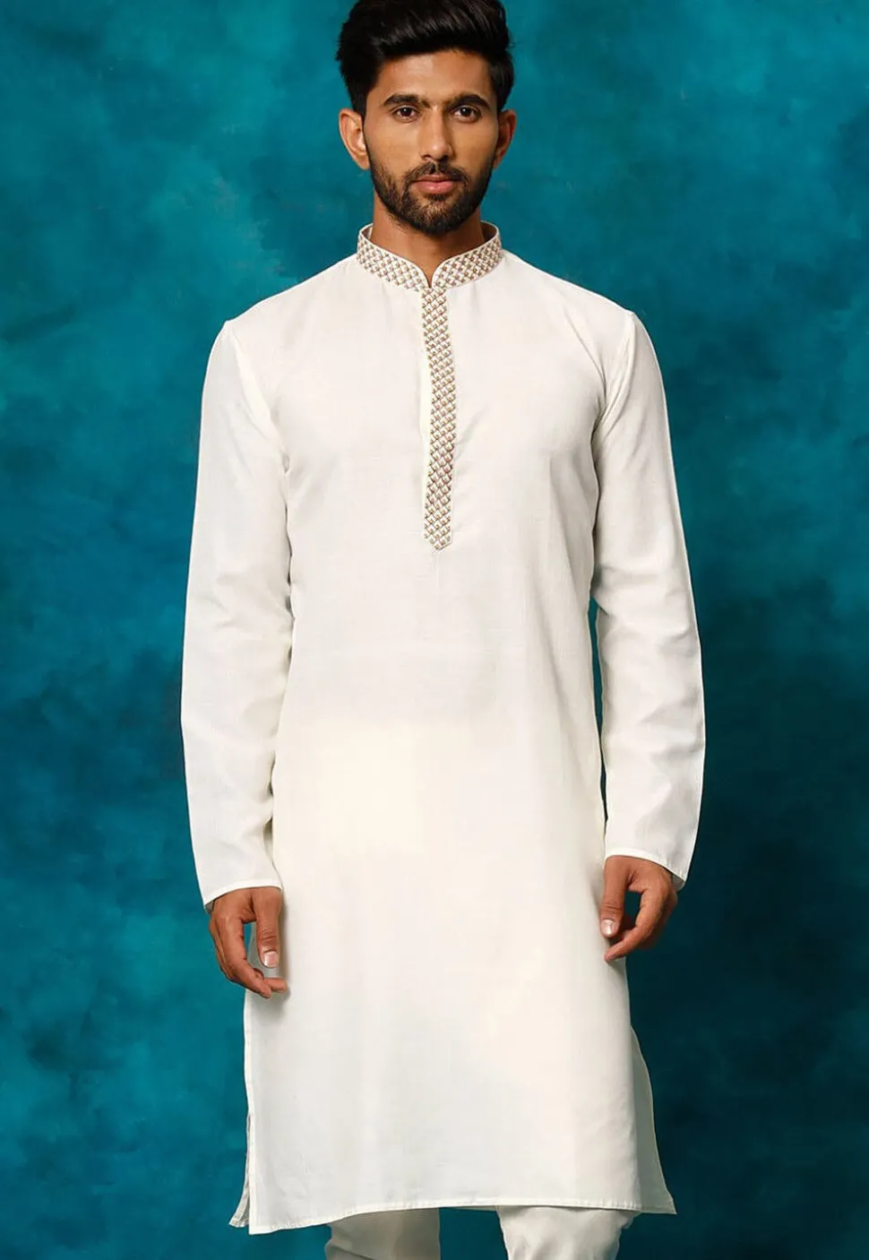 Embroidered Cotton Kurta Set in White
