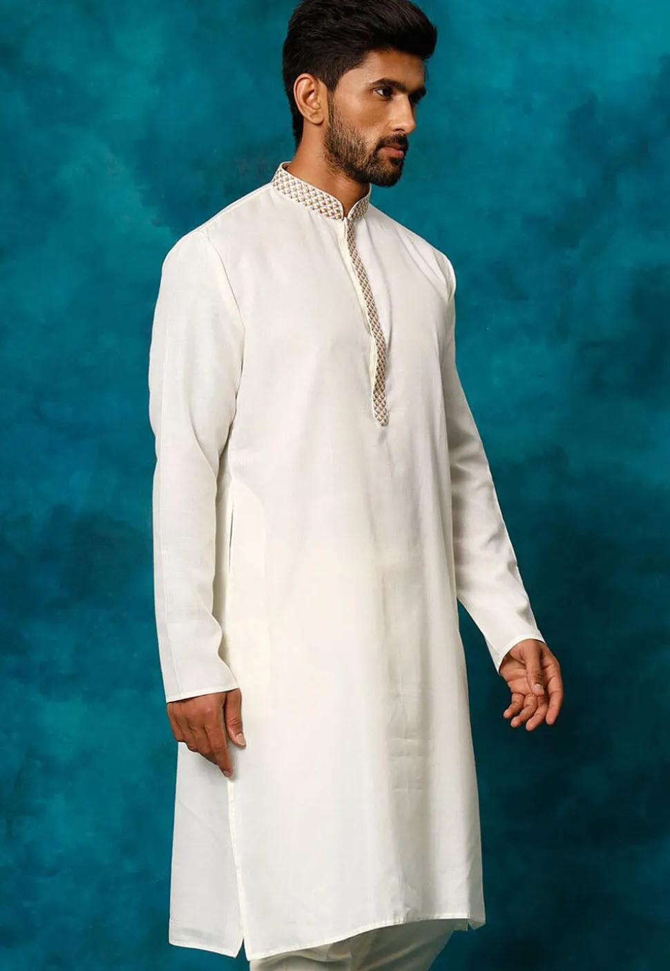 Embroidered Cotton Kurta Set in White
