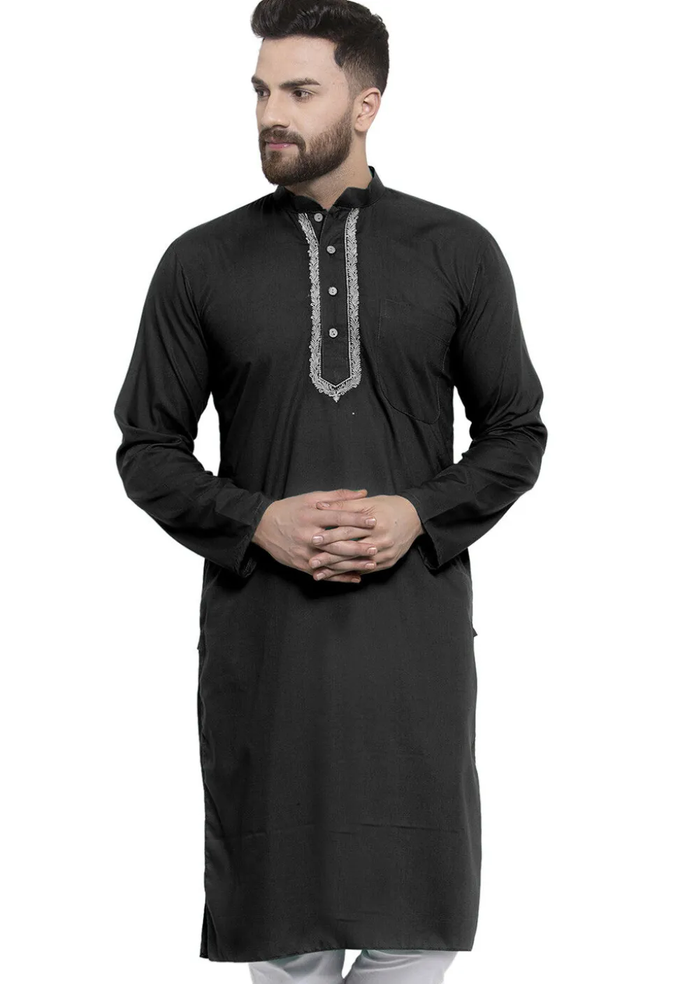 Embroidered Cotton Kurta in Black