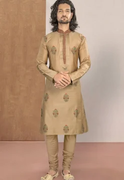 Embroidered Cotton Kurta Set in Beige