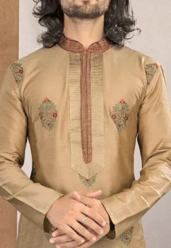Embroidered Cotton Kurta Set in Beige