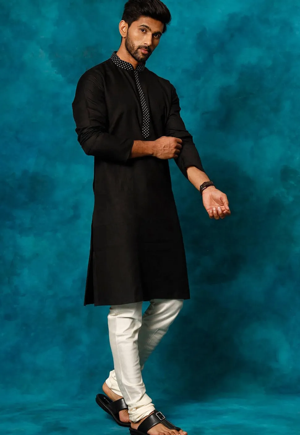 Embroidered Cotton Kurta Set in Black
