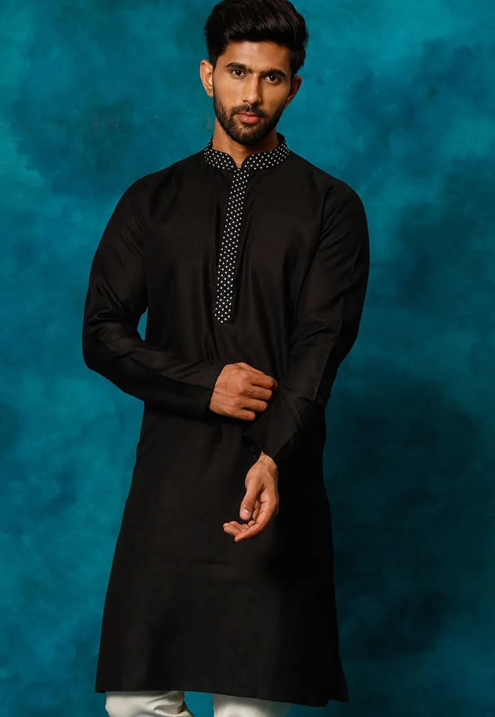 Embroidered Cotton Kurta Set in Black